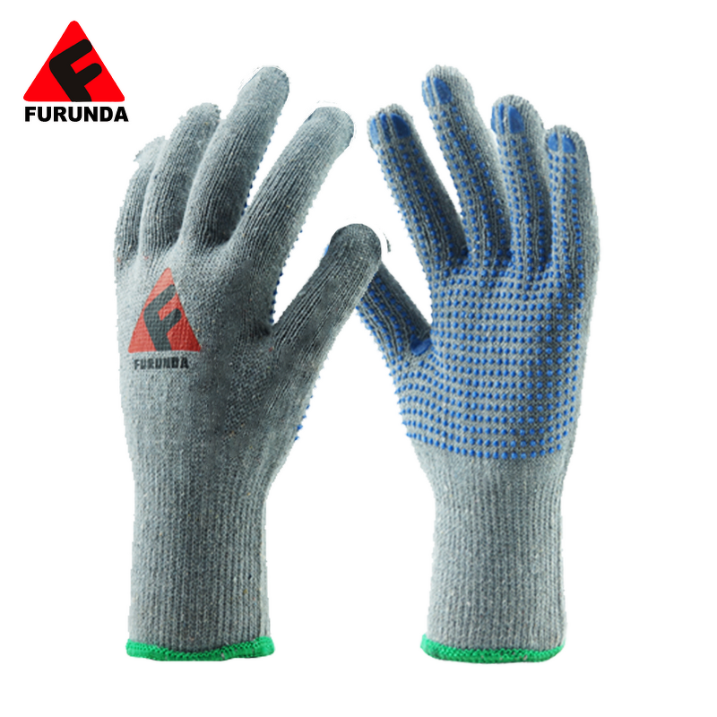 Gardening Gloves Manufacturer - Gray Cotton Knitted with Blue PVC Dots FURUNDA FRD0731 Silicone-free Non-Slip