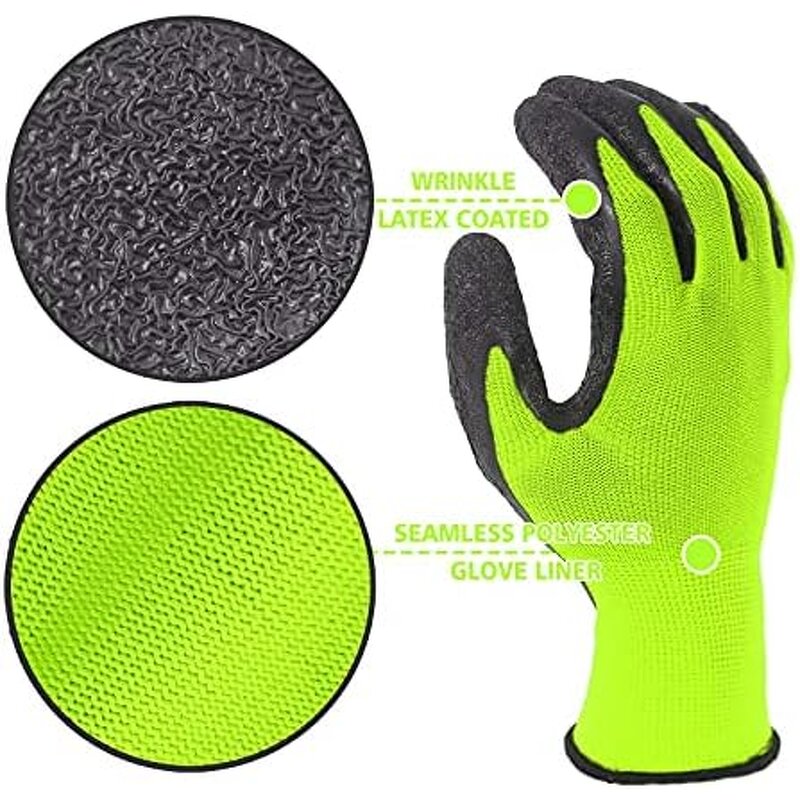Work Gloves Manufacturer - Men/Women 9/L Green Crinkle Latex Rubber 12Pair Hand Arm Protection Anti-Slip