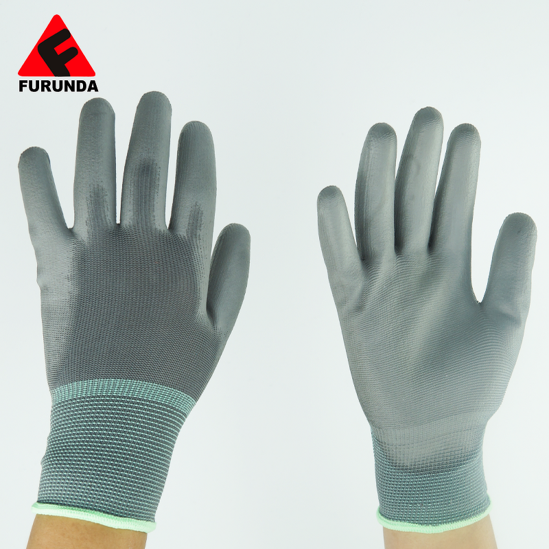Work Safety Gloves Manufacturer - Factory Custom Logo Grey White Nylon Polyester PU Polyurethane Coated with Palm Coating