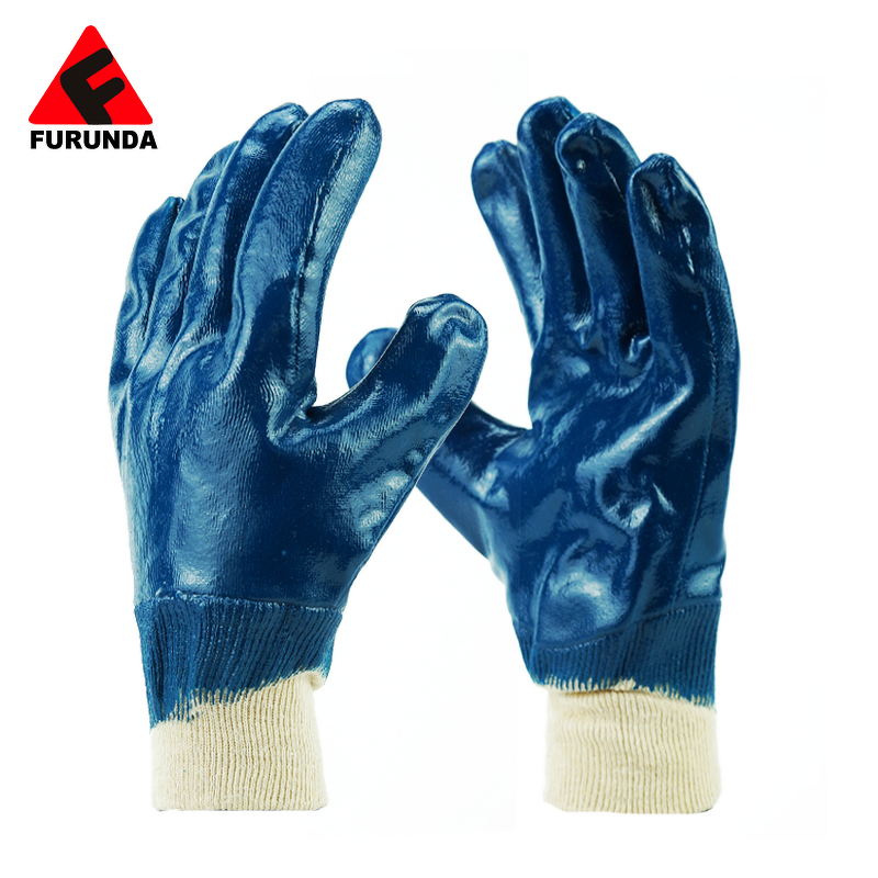 Work Gloves Manufacturer - Blue Nitrile Fully Coated with Safety Canvas Cuff Jersey Liner Smooth Surface
