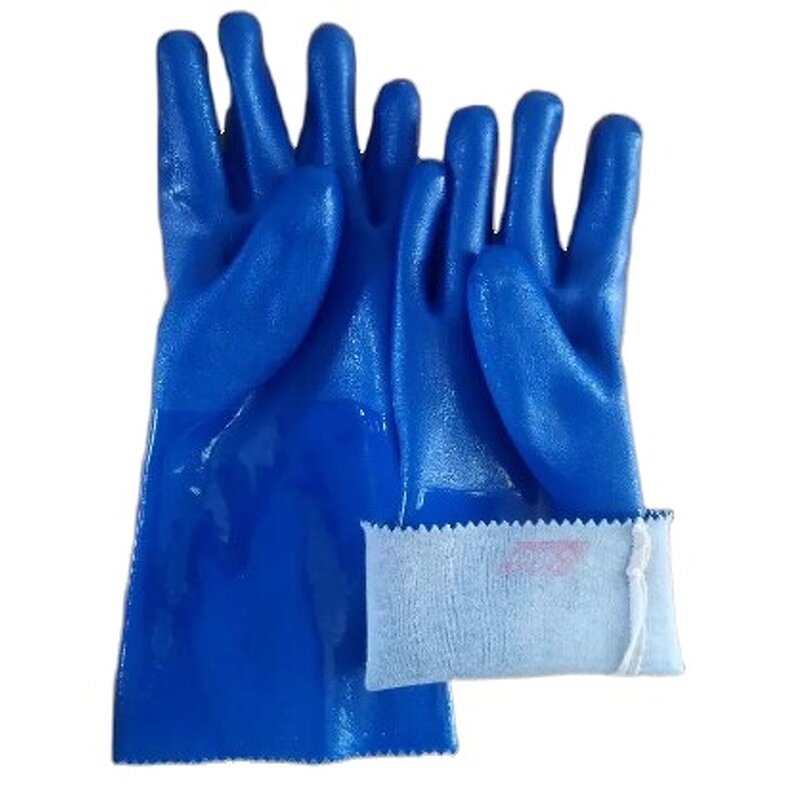 Work Gloves Manufacturer - 27/35 cm Blue Frosted PVC with Polyester Lining Long Sleeves Chemical