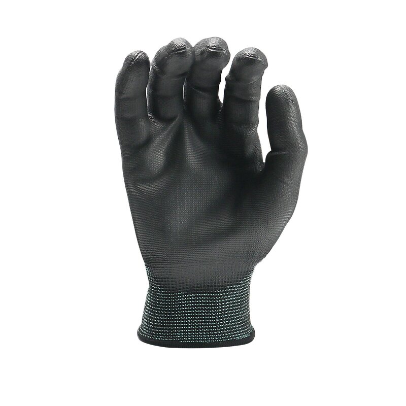 Working Gloves Manufacturer - Black 13 Gauge PU Coated Palm Coated-Polyester Elastic Knitted Cuff Custom Logo