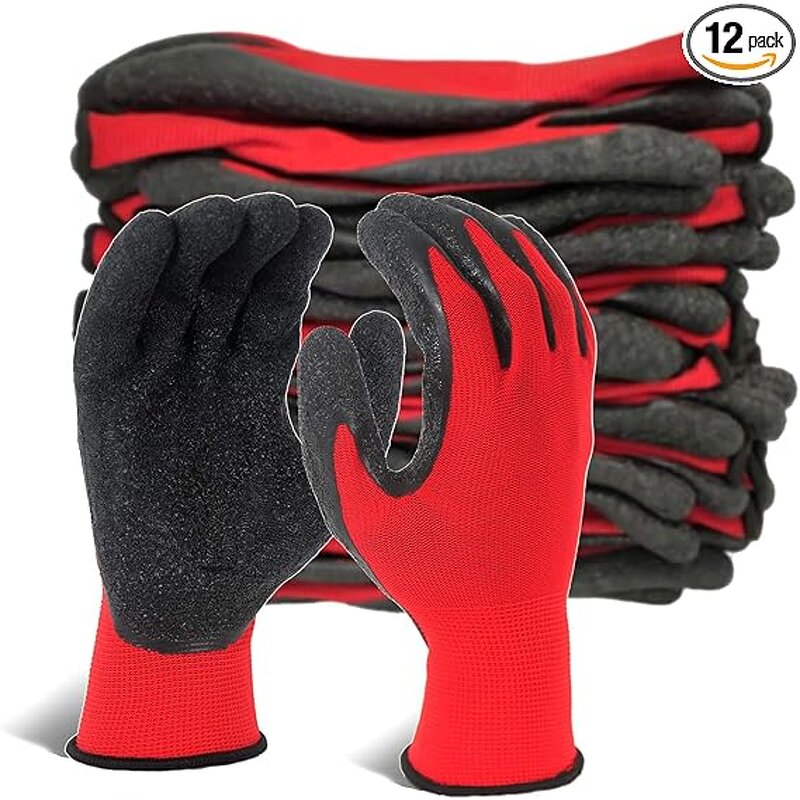 Work Gloves Manufacturer - 13 Gauge Latex Rubber Coated Wrinkle Palm Red Polyester Black Latex
