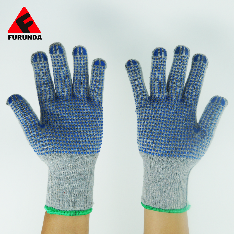 Gardening Gloves Manufacturer - Gray Cotton Knitted with Blue PVC Dots FURUNDA FRD0731 Silicone-free Non-Slip