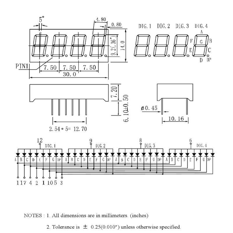 7 Segment LED Display - Manufacturer - 0.4" Yellow Green 4 Bit Common Cathode