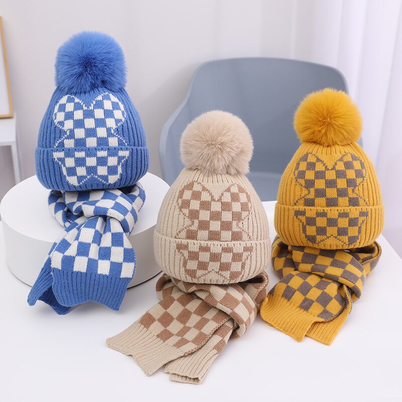 Beanie Set - Manufacturer - Children Plaid Jacquard 2-Piece Fleece Lined Warm Windproof Hat
