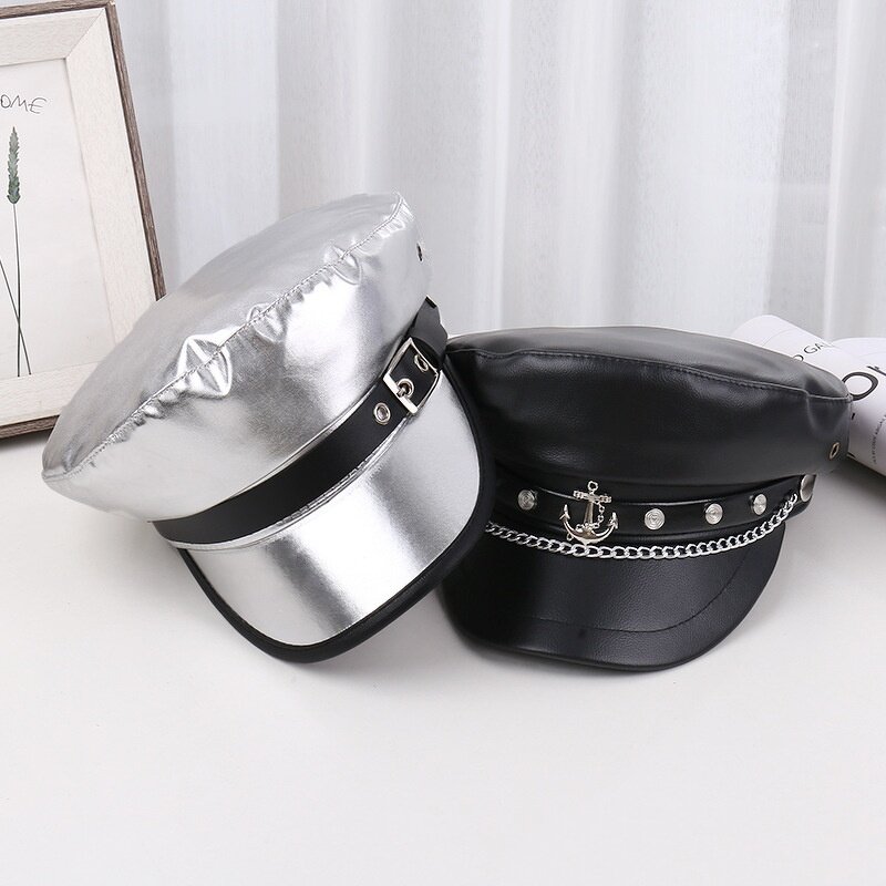 Beret Cap - Manufacturer - PU Leather Fiddler Metal Chain Decor Summer Elegant Captain Hat