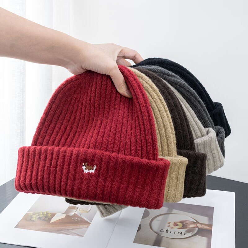 Beanie Hat - Manufacturer - Women Corgi Dog Embroidery Cuffed Warm Knitted Skull Cap - Customizable