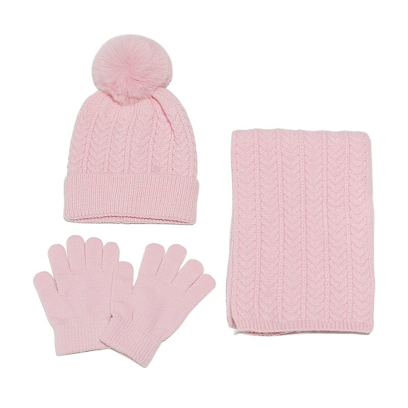 Beanie Set - Manufacturer - Children Winter Knit 3-Piece Hat Scarf Gloves Custom Pom Pom