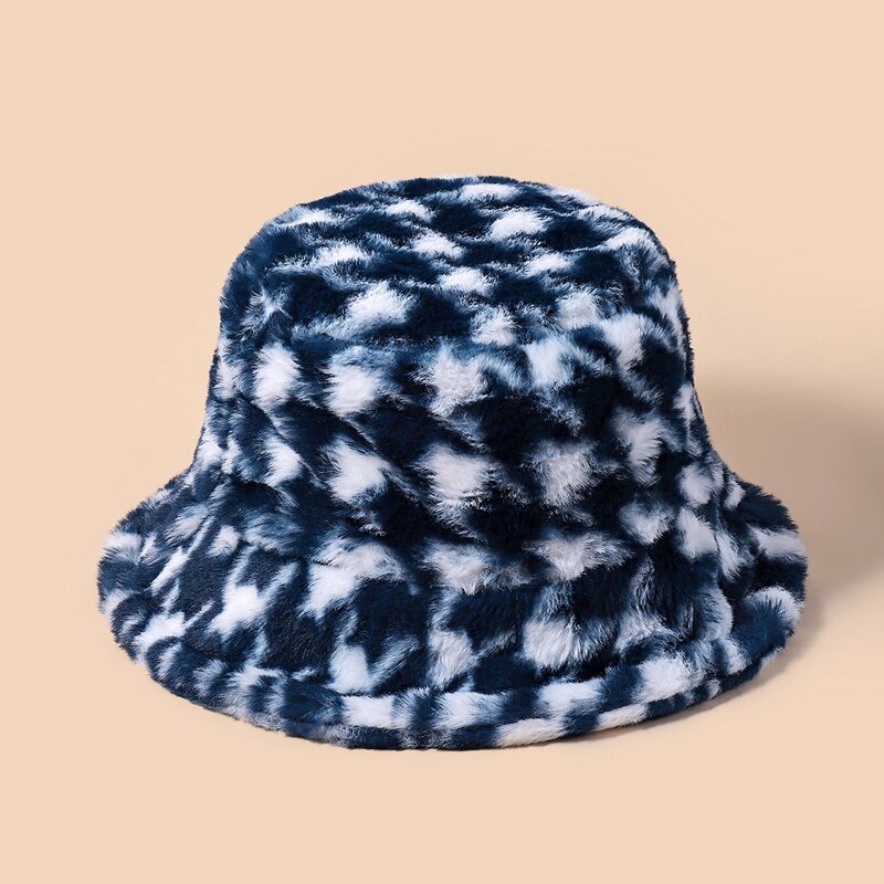 Bucket Hat - Manufacturer - Winter Fuzzy Warm Houndstooth Adjustable Outdoor Fur Hat