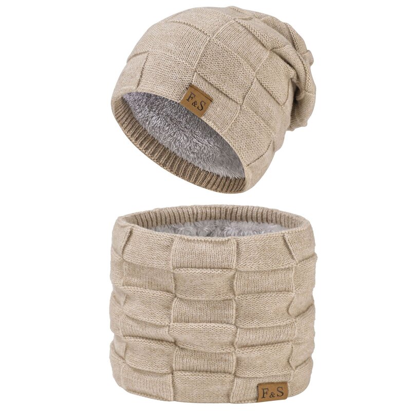 Hat Set - Manufacturer - Knit Scarf 2-Piece Windproof Fleece Lined Winter Warm Hat