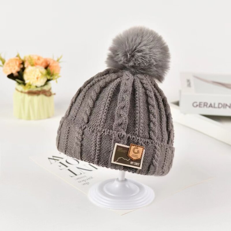 Beanie Hat - Manufacturer - Cable Knit Patch Kids Winter Warm Windproof Pom Pom Hat