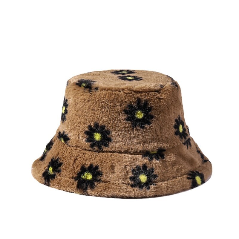 Bucket Hat - Manufacturer - Daisy Pattern Plush Winter Warm Fluffy Ski Fur Cap