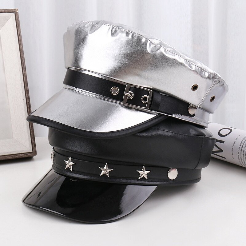 Beret Cap - Manufacturer - PU Leather Fiddler Metal Chain Decor Summer Elegant Captain Hat
