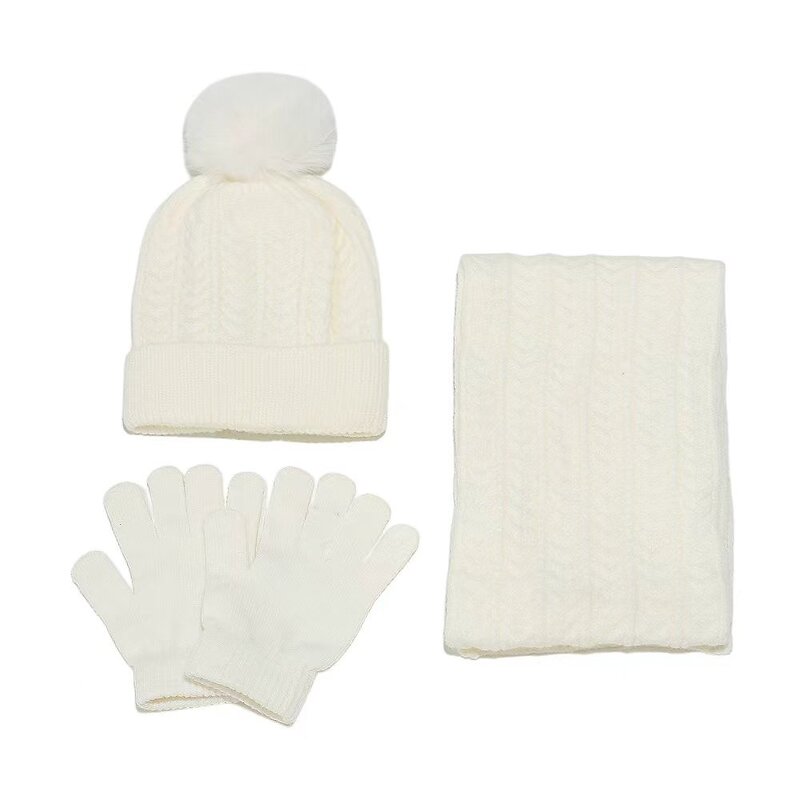 Beanie Set - Manufacturer - Children Winter Knit 3-Piece Hat Scarf Gloves Custom Pom Pom
