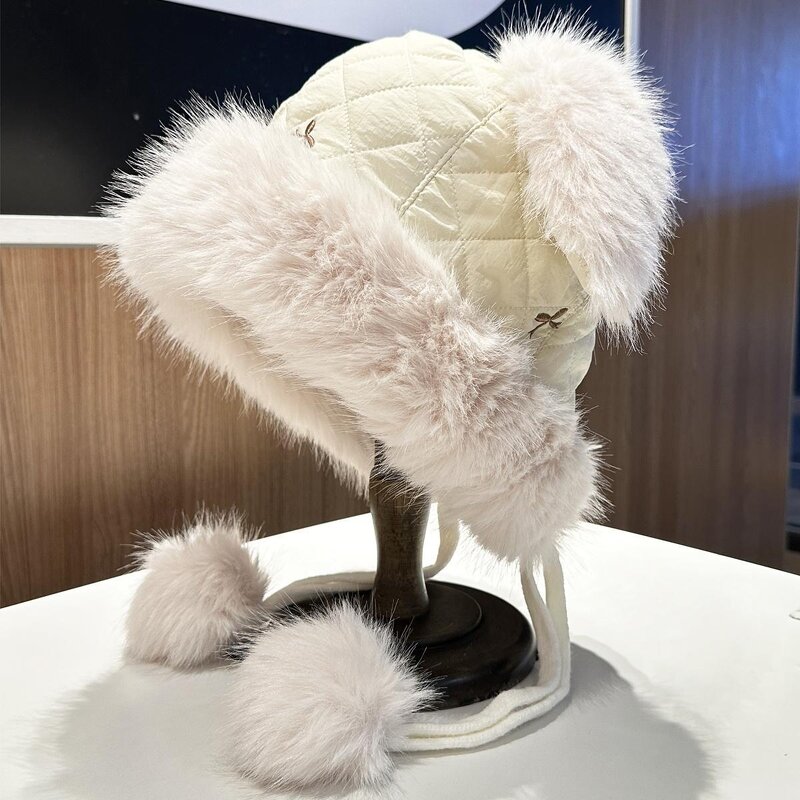Beanie Hat - Manufacturer - Women Faux Fur Pom Pom Rabbit Ears Fluffy Crochet Skull Cap