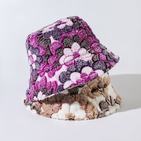 Bucket Hat - Manufacturer - Flower Pattern Plush Winter Warm Fuzzy Casual Ski Hat