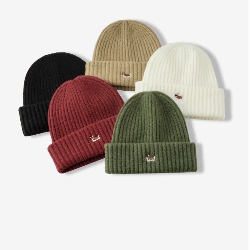 Beanie Hat - Manufacturer - Women Corgi Dog Embroidery Cuffed Warm Knitted Skull Cap - Customizable