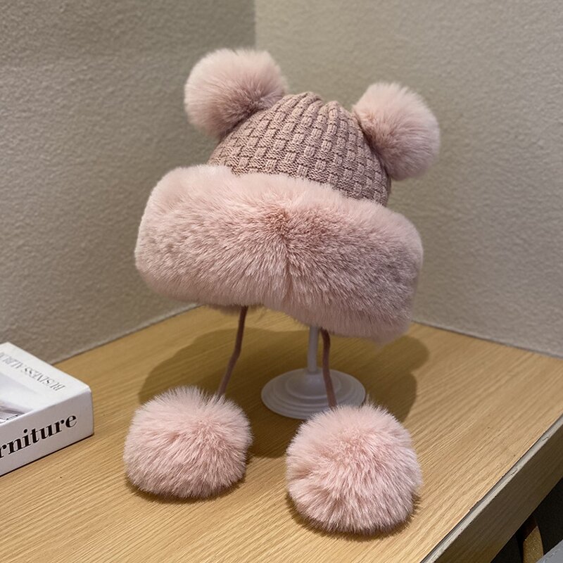 Beanie Hat - Manufacturer - Women Winter Fuzzy Lining Wool Warm Earflap Pom Pom Hat
