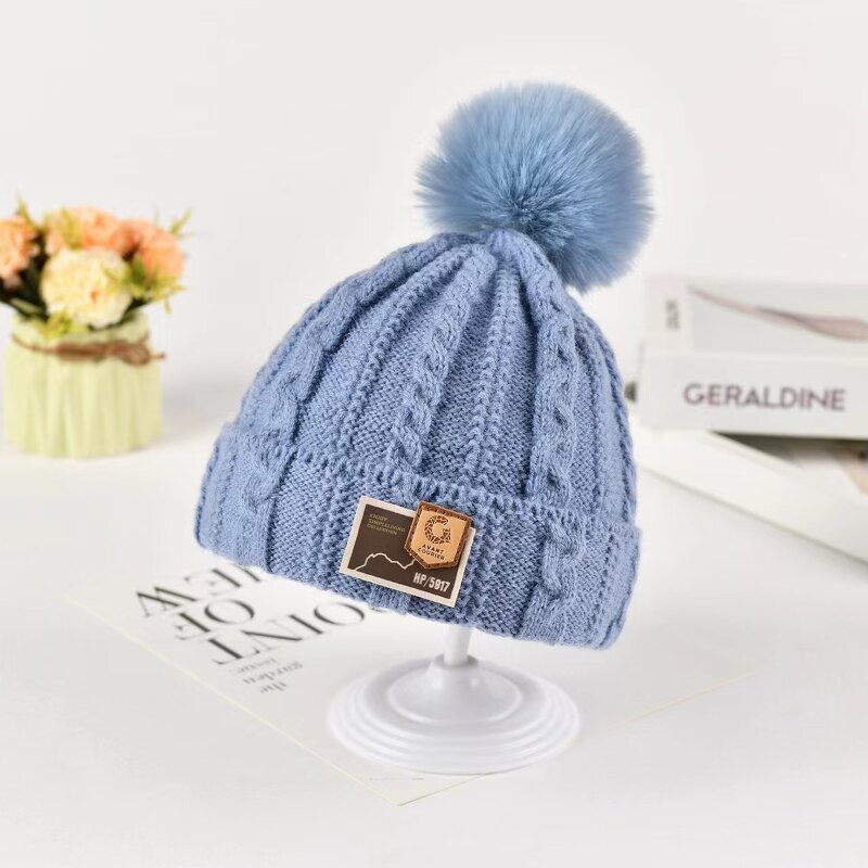 Beanie Hat - Manufacturer - Cable Knit Patch Kids Winter Warm Windproof Pom Pom Hat