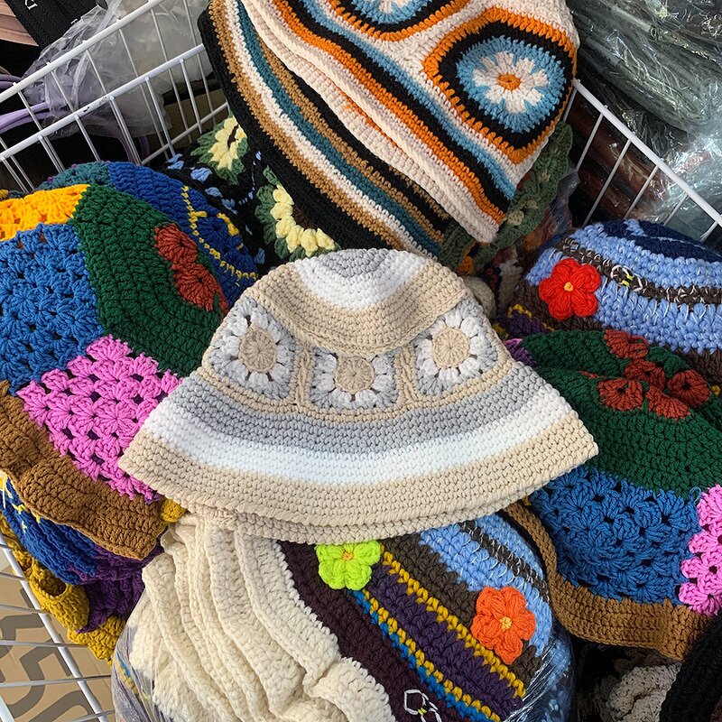 Bucket Hat - Manufacturer - Korean Style Hollow Flower Hand-Knit Contrast Stripe Warm Hat