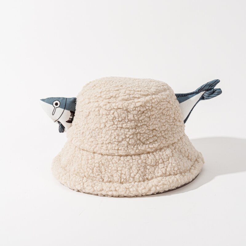 Bucket Hat - Manufacturer - Fish Decoration Faux Lambswool Cute Soft Fluffy Fisherman Cap