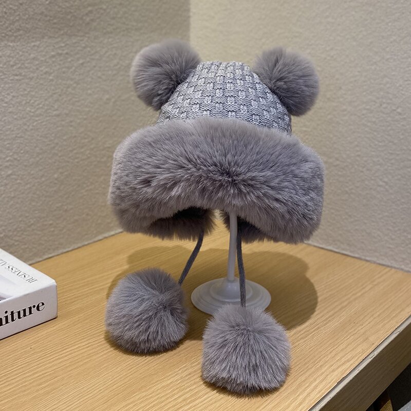 Beanie Hat - Manufacturer - Women Winter Fuzzy Lining Wool Warm Earflap Pom Pom Hat