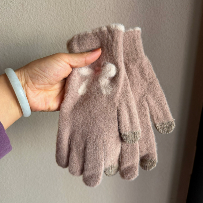 Gloves - Manufacturer - Wholesale Women Bow Jacquard Touch Screen Knit Furry Gloves