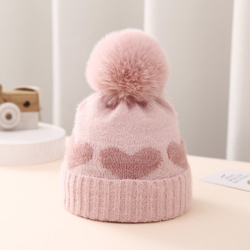 Beanie Hat - Manufacturer - Baby Girls Thickened Love Heart Pom Pom Warm Winter Hat