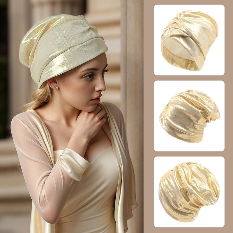Turban - Manufacturer - Women Bronzing Metallic Pleated Beanie Cap Hair Wrap