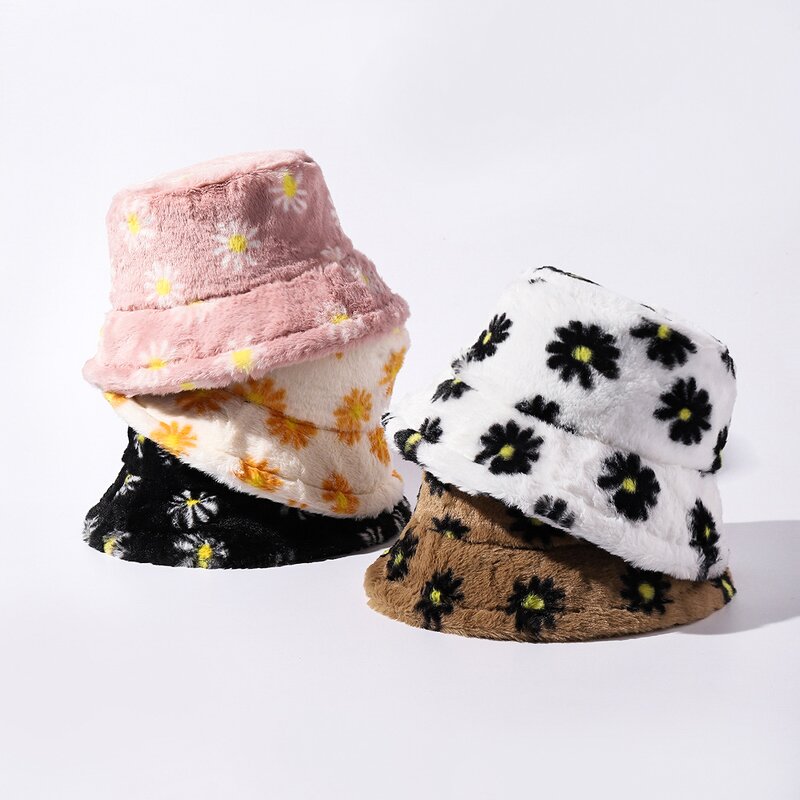 Bucket Hat - Manufacturer - Daisy Pattern Plush Winter Warm Fluffy Ski Fur Cap