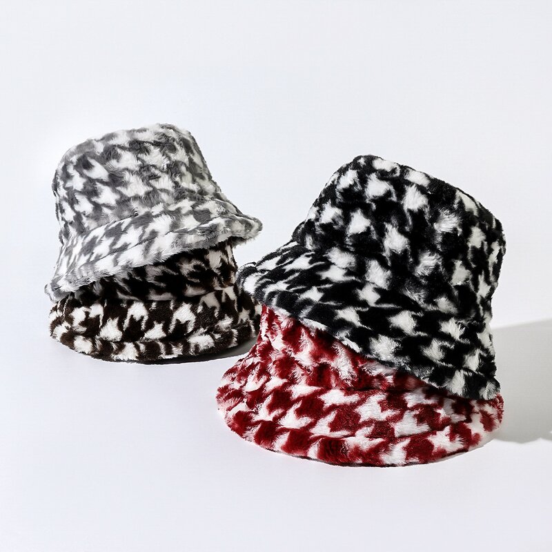 Bucket Hat - Manufacturer - Winter Fuzzy Warm Houndstooth Adjustable Outdoor Fur Hat