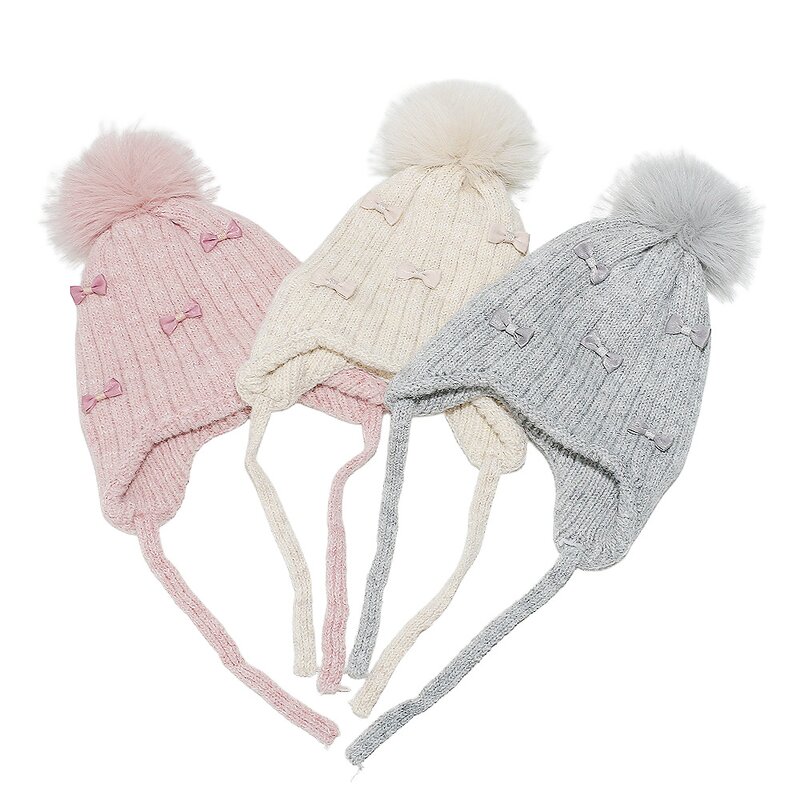 Beanie Hat - Manufacturer - Bow-embellished Pom Pom Women Solid Warm Knitted Skull Cap