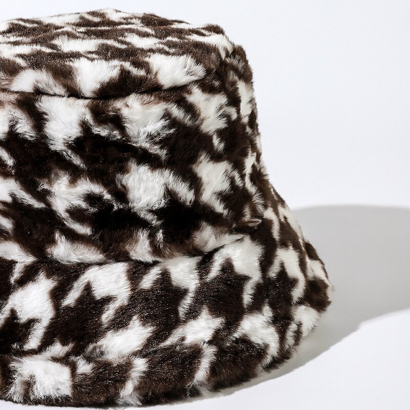 Bucket Hat - Manufacturer - Winter Fuzzy Warm Houndstooth Adjustable Outdoor Fur Hat
