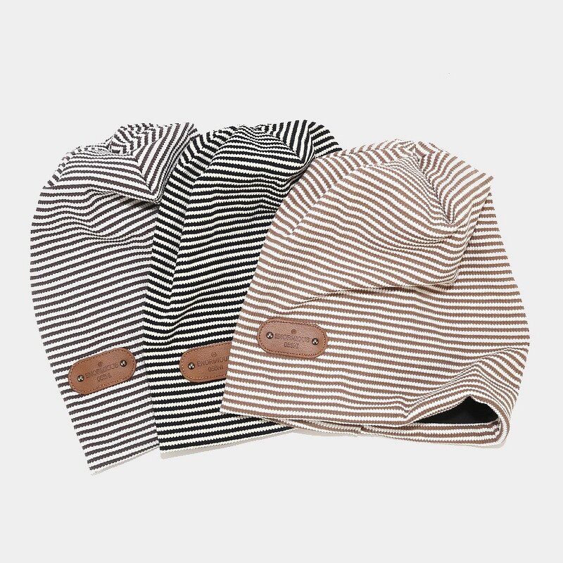 Beanie Hat - Manufacturer - Thin Knit Striped Slouchy Turban Leather Label Winter Headwear