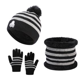 Hat Set - Manufacturer - Children Autumn Winter Solid Short Jacquard 3-Piece Hat Set