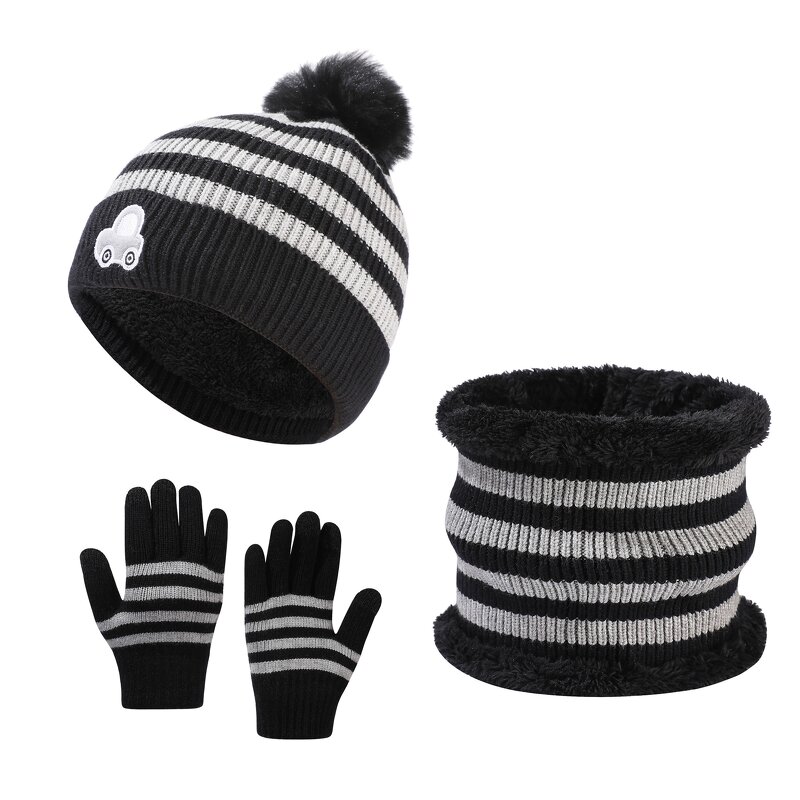 Hat Set - Manufacturer - Children Autumn Winter Solid Short Jacquard 3-Piece Hat Set