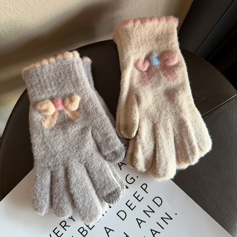 Gloves - Manufacturer - Wholesale Women Bow Jacquard Touch Screen Knit Furry Gloves