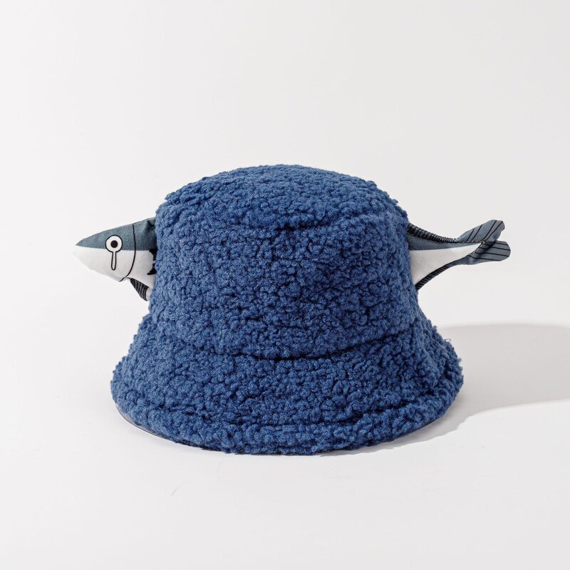 Bucket Hat - Manufacturer - Fish Decoration Faux Lambswool Cute Soft Fluffy Fisherman Cap