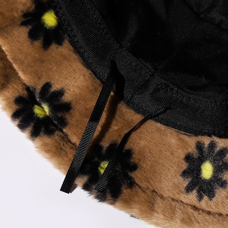 Bucket Hat - Manufacturer - Daisy Pattern Plush Winter Warm Fluffy Ski Fur Cap