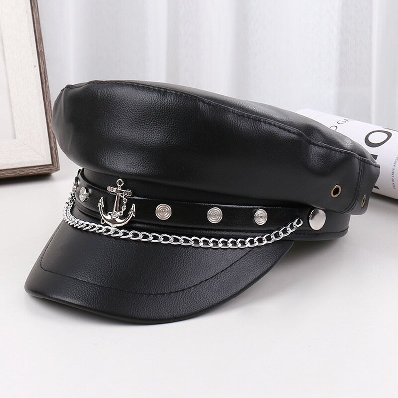 Beret Cap - Manufacturer - PU Leather Fiddler Metal Chain Decor Summer Elegant Captain Hat