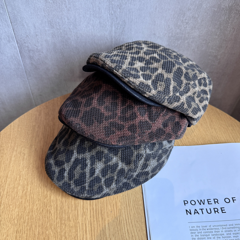Beret Hat - Manufacturer - Vintage Leopard Print Warm Cabbie Flat Cap for Fall Winter Women