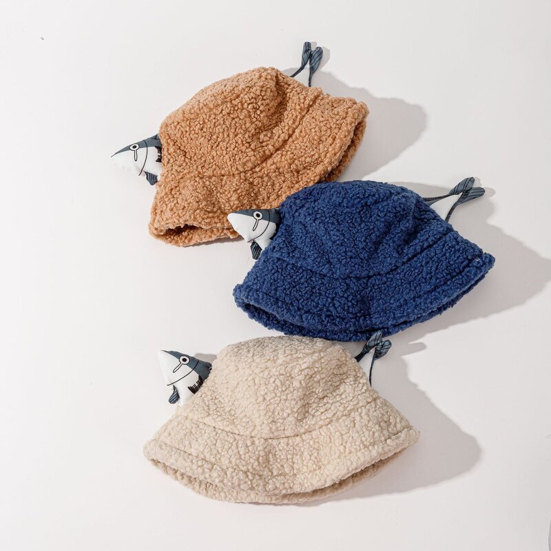 Bucket Hat - Manufacturer - Fish Decoration Faux Lambswool Cute Soft Fluffy Fisherman Cap