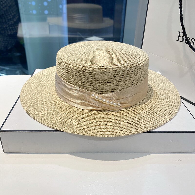 Boater Hat - Manufacturer - Women Straw Pearl Ribbon French Elegance Wide Brim Hat