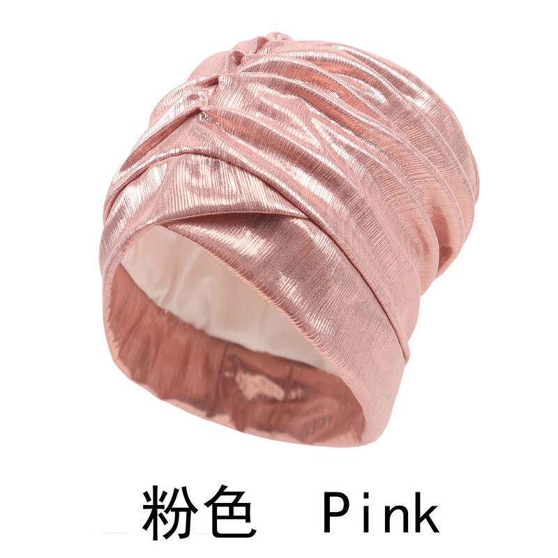 Turban - Manufacturer - Women Bronzing Metallic Pleated Beanie Cap Hair Wrap