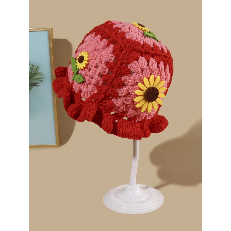 Bucket Hat - Manufacturer - Women Handmade Knit Floral Skull Cap Summer Beach Hat