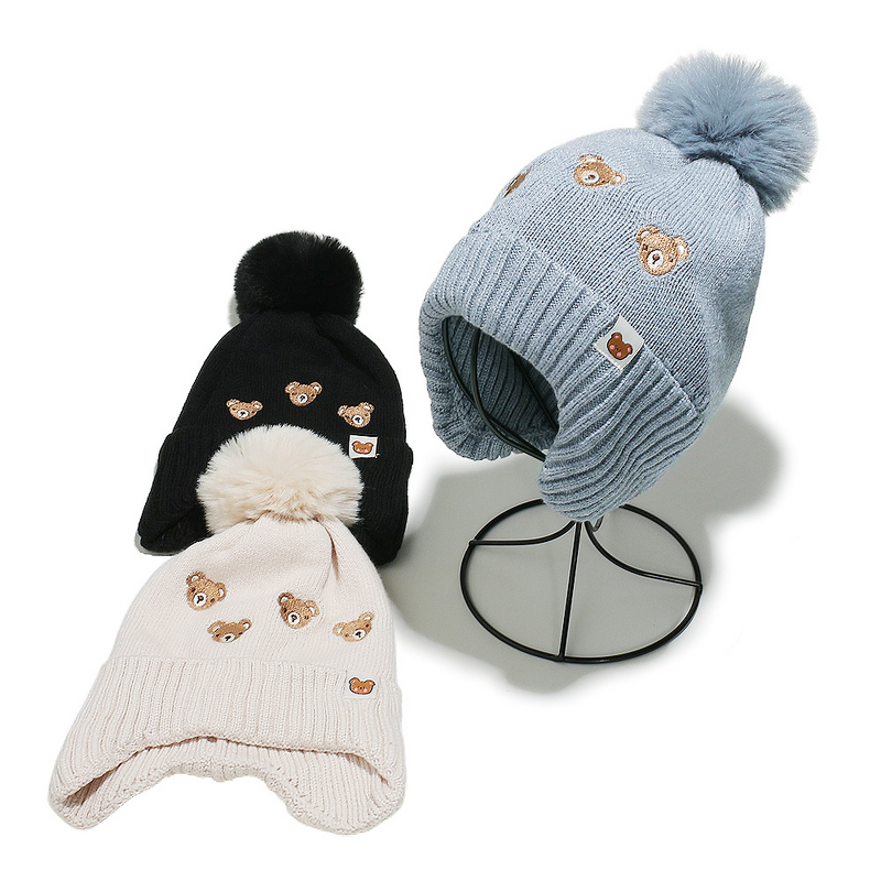 Beanie Hat - Manufacturer - Unisex Bear Embroidered Ear Covers Thick Cuffed Winter Hat