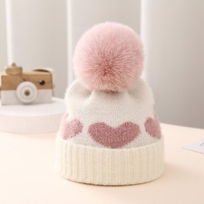 Beanie Hat - Manufacturer - Baby Girls Thickened Love Heart Pom Pom Warm Winter Hat