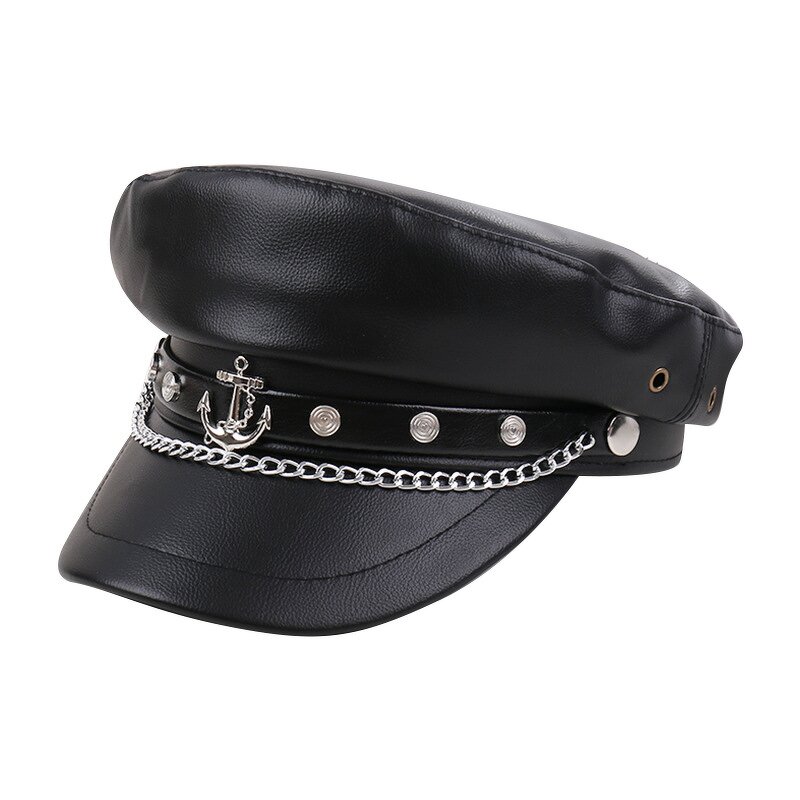 Beret Cap - Manufacturer - PU Leather Fiddler Metal Chain Decor Summer Elegant Captain Hat