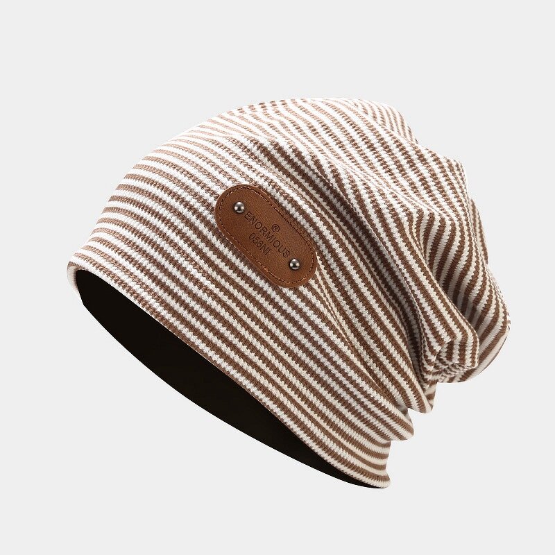Beanie Hat - Manufacturer - Thin Knit Striped Slouchy Turban Leather Label Winter Headwear